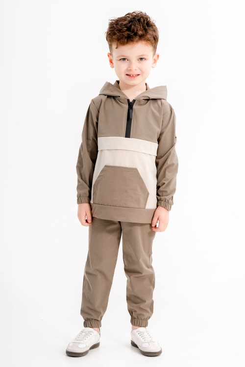 Haki Kanguru Cepli Kapüşonlu Erkek Çocuk Paraşüt Eşofman Takımı 20120