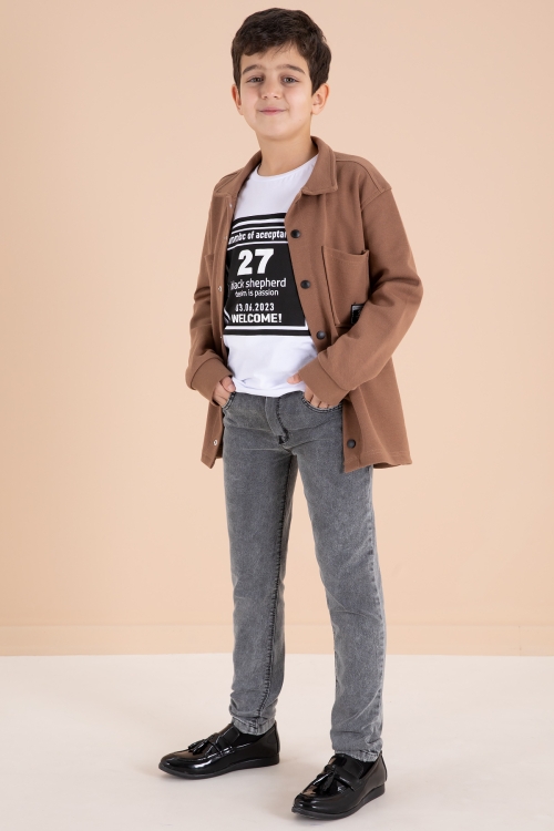 Kahve Armalı Gömlekli Jean Pantolonlu Erkek Çocuk 3lü Takım 19993