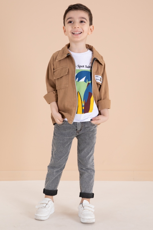 Kahve Fermuarlı Ceketli Tişörtlü Erkek Çocuk 3lü Alt Üst Takım 19964