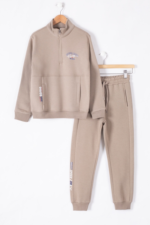 Kahve Kanguru Cepli Fermuar Yaka Erkek Çocuk Şardonlu Eşofman Takım 19614
