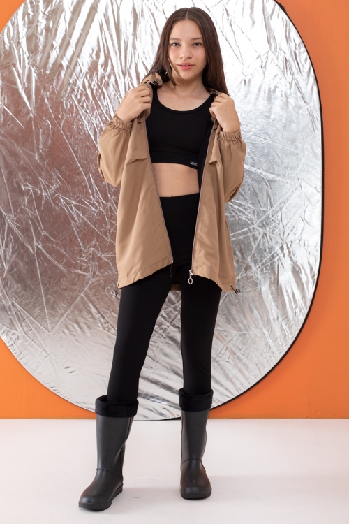 Kahve Kapüşonlu Fermuarlı Kız Çocuk Paraşüt Hırka 18499