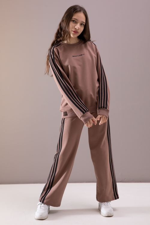 Kahve Yanları Şeritli Geniş Paça Kız Eşofman Takımı 19873
