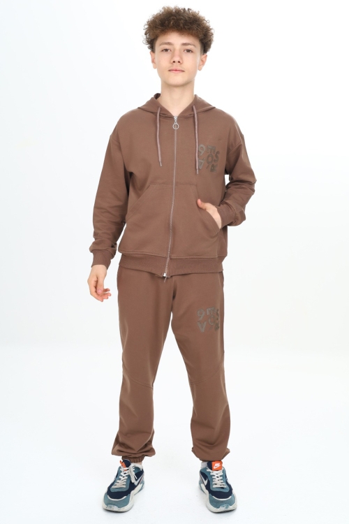 Kahve Yazı Baskılı Kapüşonlu Hırkalı Erkek Çocuk Eşofman Takımı 19227