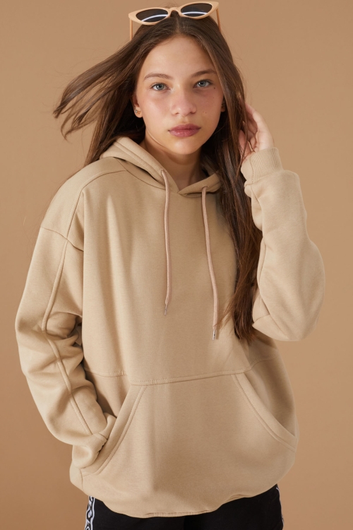 Kız Çocuk Bej Basic Uzun Kol Şardonlu Kapüşonlu Sweatshirt 19192