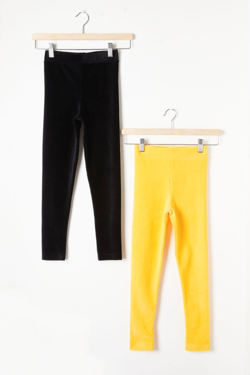 Kız Çocuk Fitilli 2li Kadife Tayt Siyah-Sarı 20066