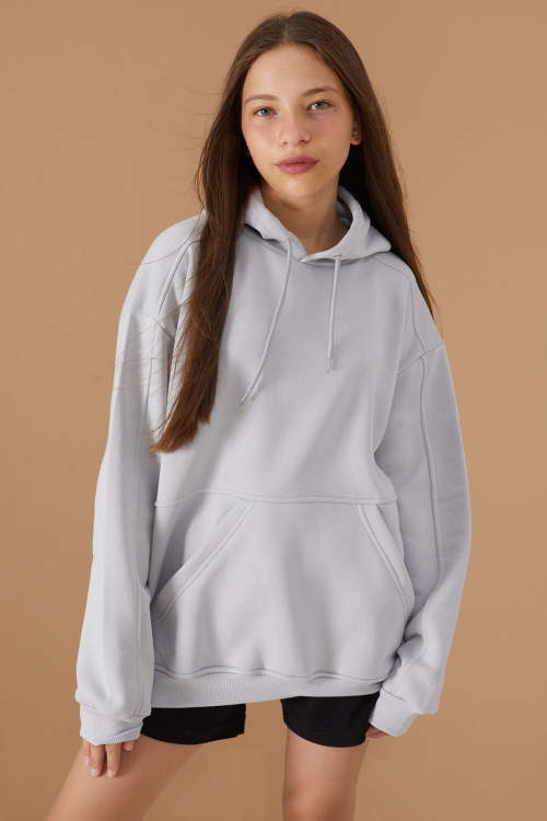 Kız Çocuk Gri Basic Uzun Kol Şardonlu Kapüşonlu Sweatshirt 19191