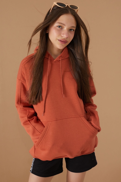 Kız Çocuk Kiremit Basic Uzun Kol Şardonlu Kapüşonlu Sweatshirt 19190