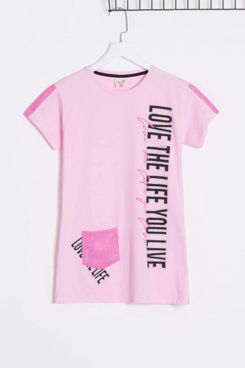 Kız Çocuk Toz Pembe Simli Yazı Baskı 6-13 Yaş T-shirt 1963-1
