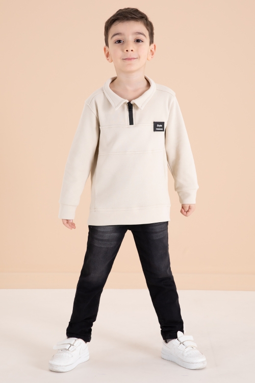 Krem Fermuar Yakalı Sweatshirt ve Jean Pantolonlu Erkek Çocuk Takım 20109
