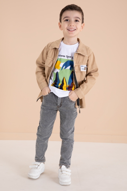 Krem Fermuarlı Ceketli Tişörtlü Erkek Çocuk 3lü Alt Üst Takım 19963