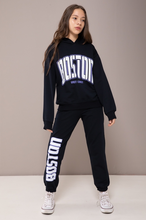 Lacivert Boston Yazılı Kapüşonlu Kız Çocuk Eşofman Takımı 19830