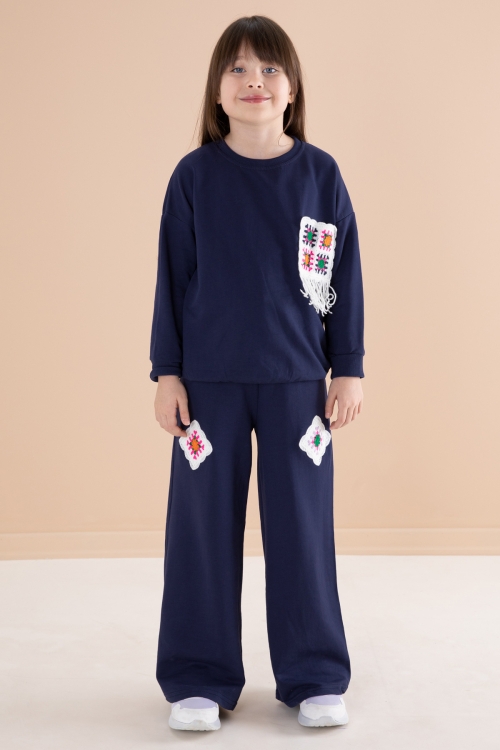 Lacivert Dantel Cep Detaylı Bisiklet Yaka Kız Çocuk Eşofman Takımı 20147