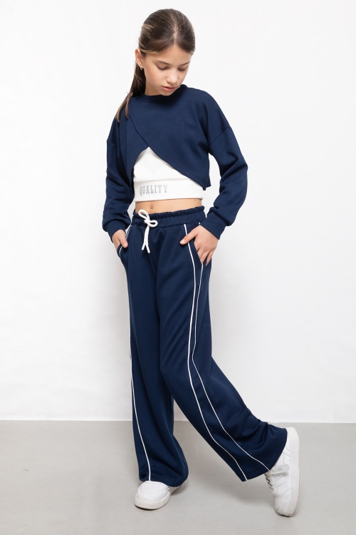 Lacivert Şerit Detaylı Geniş Paça Croplu Kız Çocuk 3lü Takım 19841