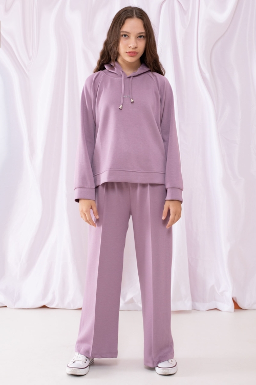 Lila Cool Yazılı Kapüşonlu Geniş Paça Kız Çocuk Eşofman Takımı 19536