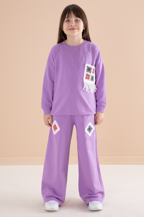 Lila Dantel Cep Detaylı Bisiklet Yaka Kız Çocuk Eşofman Takımı 20146