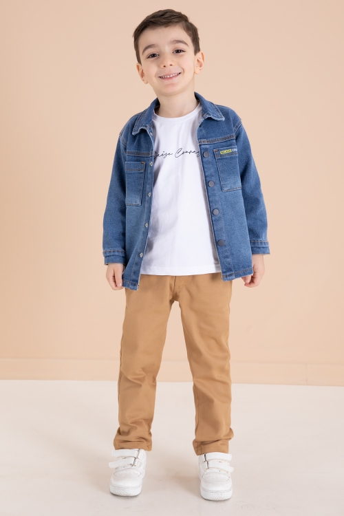 Mavi Jean Gömlekli Yazı Baskılı Tişörtlü Erkek Çocuk Pantolonlu 3lü Takım