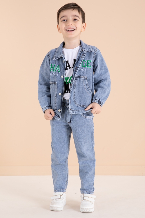 Mavi Yazı Nakışlı Ceketli 3lü Erkek Çocuk Jean Takım 20000