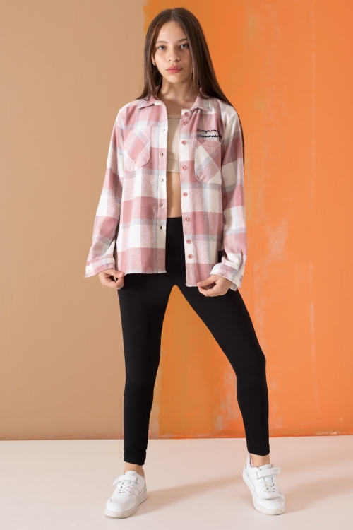 Pembe Ekose Desenli Cepli Kız Çocuk Oduncu Gömlek 19682