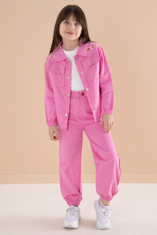 Pembe Nakış Detaylı Gömlekli Pantolonlu Kız Çocuk 3lü Takım 20157