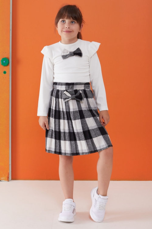 Siyah Ekose Etekli Fiyonklu Badili Kız Çocuk Elbise Takımı 5-9 Yaş 17738