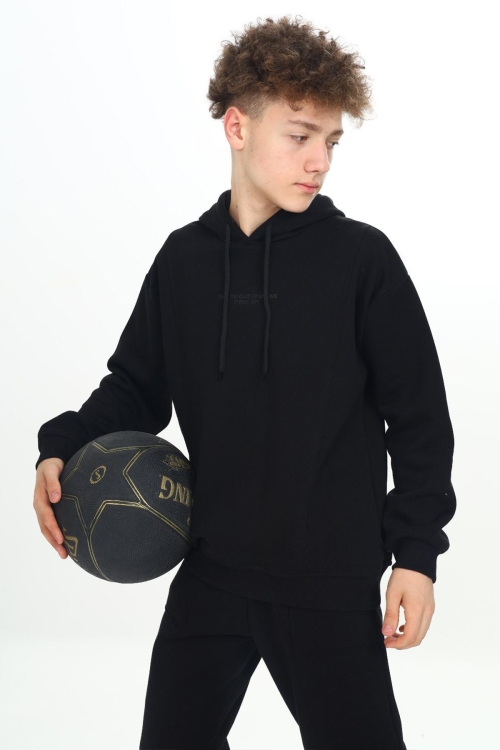 Siyah Kabartmalı Yazılı Kapüşonlu Erkek Çocuk Sweatshirt 19306