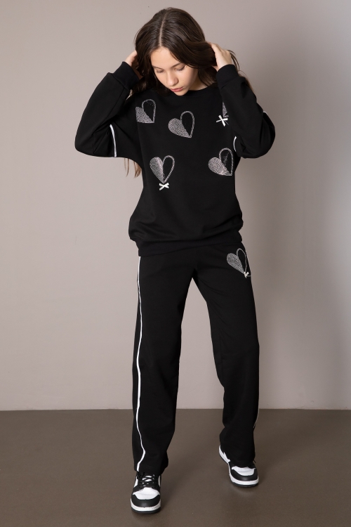 Siyah Kız Çocuk Kalp Desenli 2li Takım 19848