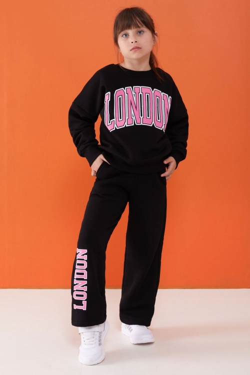 Siyah London Baskılı Şardonlu Kız Çocuk Eşofman Takımı 19522