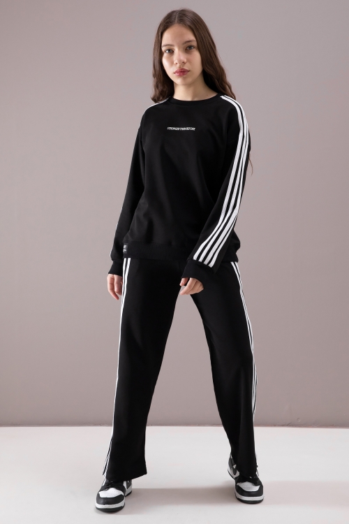Siyah Yanları Şeritli Geniş Paça Kız Eşofman Takımı 19872