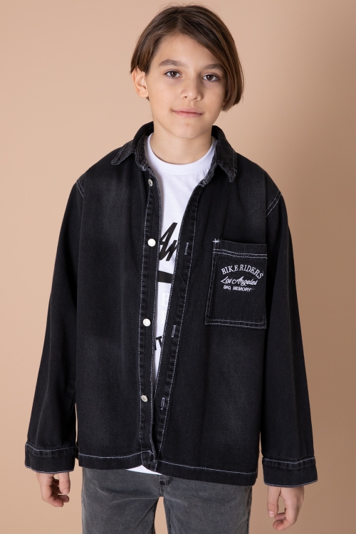 Siyah Yazı Nakışlı Jean Gömlekli Tişörtlü ve Erkek Çocuk 2li Takım 20035