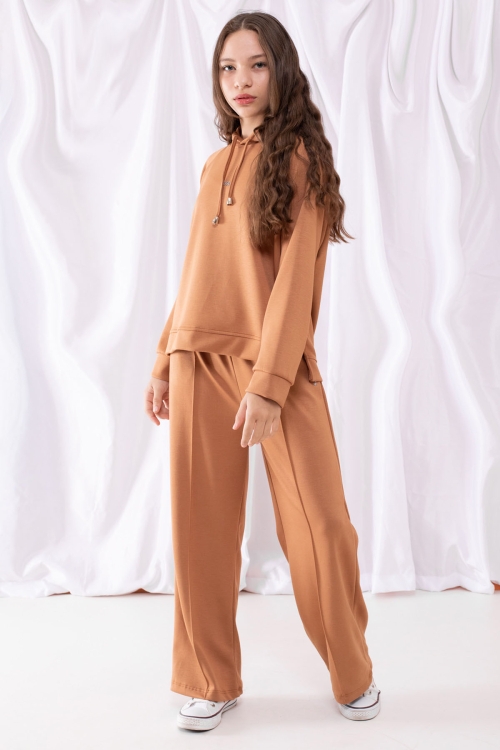 Taba Cool Yazılı Kapüşonlu Geniş Paça Kız Çocuk Eşofman Takımı 19537