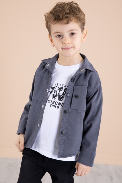 Antrasit Bisiklet Yaka Tişörtlü Keten Erkek Çocuk Gömlek 20076