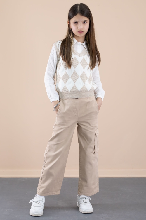 Bej Baklava Desenli Süveterli Gömlekli Kız Çocuk 3lü Takım 20533