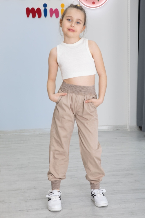 Bej Bel ve Paçası Ribanalı Kız Çocuk Pantolon 20479