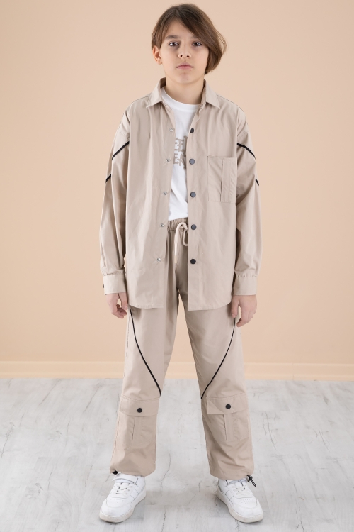 Bej Erkek Çocuk 3lü Takım Tişört Gömlek Pantolon 20232