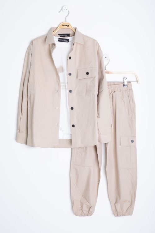 Bej Erkek Çocuk Baskılı Tişörtlü 3lü Takım 20331