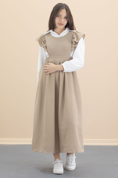 Bej Fırfır Detaylı Uzun Kol Gömlekli Kız Çocuk Uzun Kesim Elbise 20555