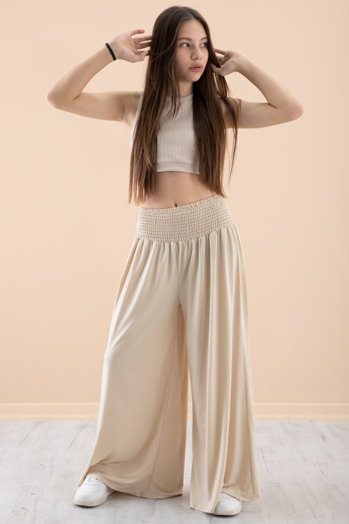 Bej Fitilli Croplu Kız Çocuk Geniş Kesim Pantolonlu Takım 20382