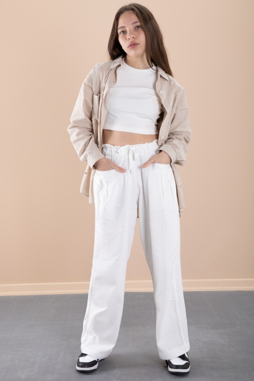 Bej Kız Çocuk Croplu Taşlı Gömlek ve Pantolonlu 3lü Takım 20467