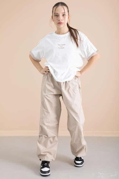 Bej Kız Çocuk Paraşüt Pantolonlu 2li Takım 20392