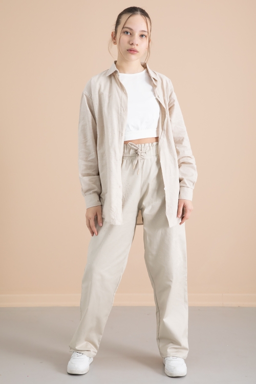 Bej Kız Çocuk Taş Detaylı Croplu 3lü Takım 20387