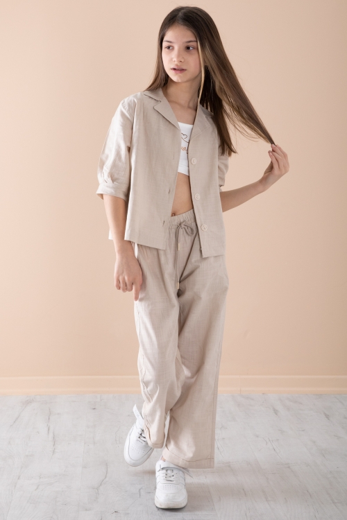 Bej Yarım Kol Kız Çocuk 3lü Croplu Takım 20324