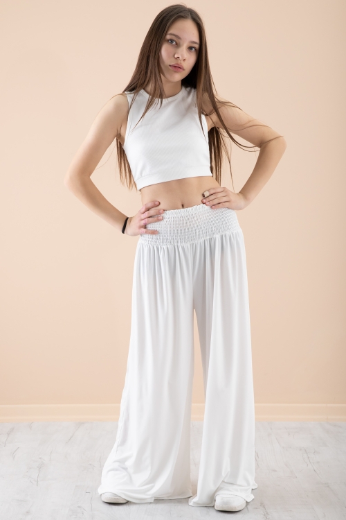 Beyaz Fitilli Croplu Kız Çocuk Geniş Kesim Pantolonlu Takım 20381