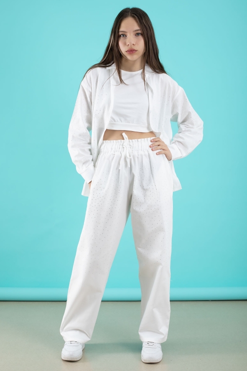 Beyaz Kız Çocuk Taş Detaylı Croplu 3lü Takım 20386