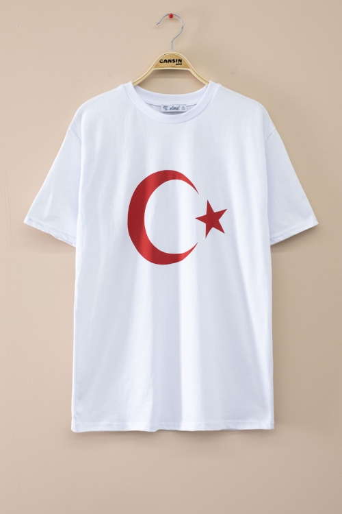 Beyaz Türk Bayrağı Baskılı Bisiklet Yaka Çocuk T-shirt 20551