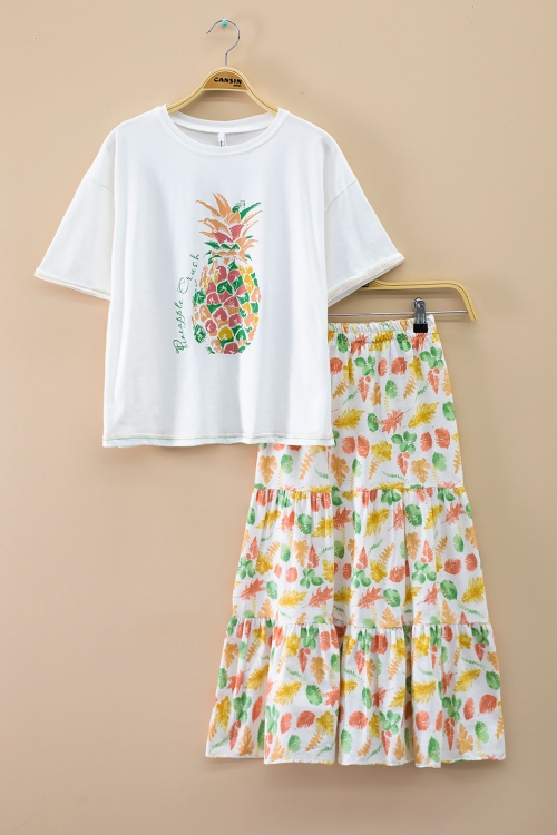 Ekru Desenli Tişörtlü Uzun Kesim Etekli Kız Çocuk Takım 20070