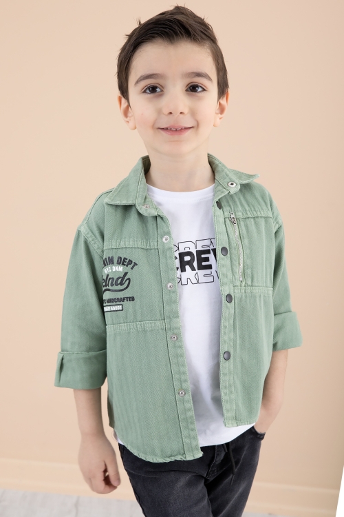 Erkek Çocuk Yeşil Fermuar Cepli Yazı Baskılı Tişörtlü Ceket 20091