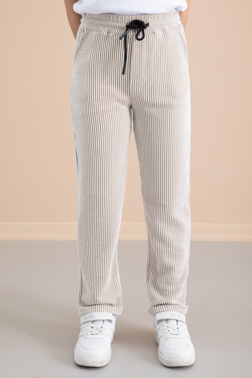 Fitilli Kahverengi Çizgili Erkek Çocuk Beli Lastikli Pantolon 20377