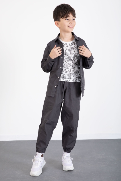 Füme Baskılı Tişörtlü Paraşüt Gömlek ve Pantolonlu Erkek Çocuk 3lü Takım 20513