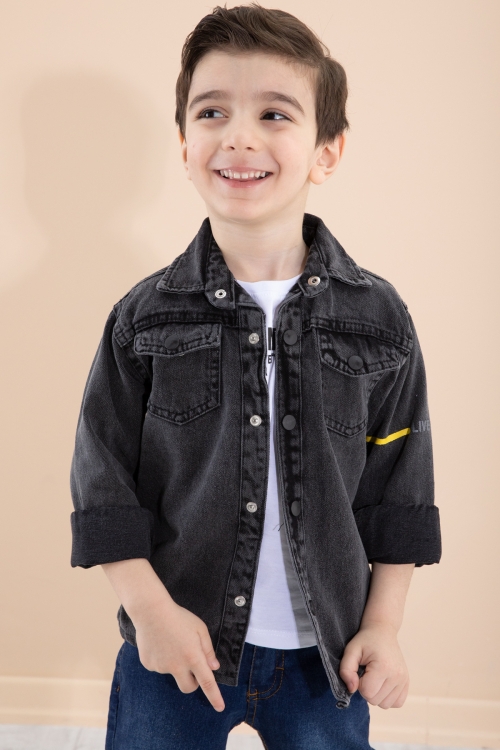 Füme Bisiklet Yaka Tişörtlü Sırtı Baskılı Erkek Çocuk Jean Gömlek 20087