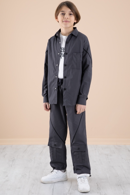 Füme Erkek Çocuk 3lü Takım Tişört Gömlek Pantolon 20230